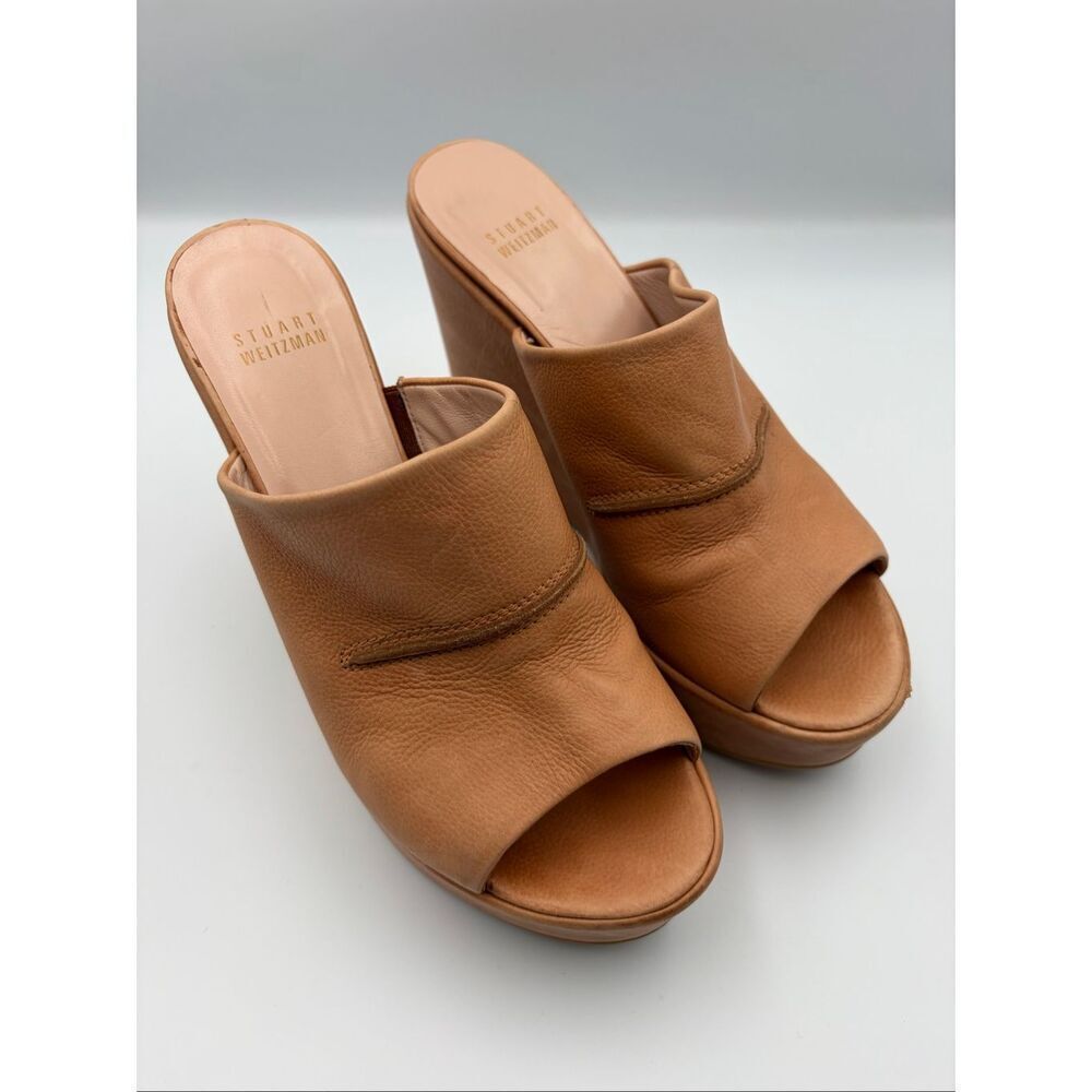 Stuart Weitzman Leather Platform Wedge Slide Sandals Tan Size 8 - Picture 11 of 12